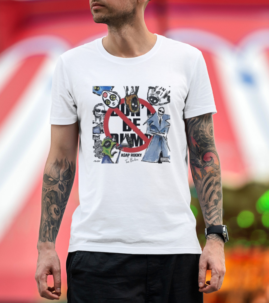 ASAP Rocky X Tim Burton Don't Be Dumb Surreal Collaboration Red Circle Strikethrough Gas Mask Barbed Wire Karambit Knife Blue Robe T-Shirt