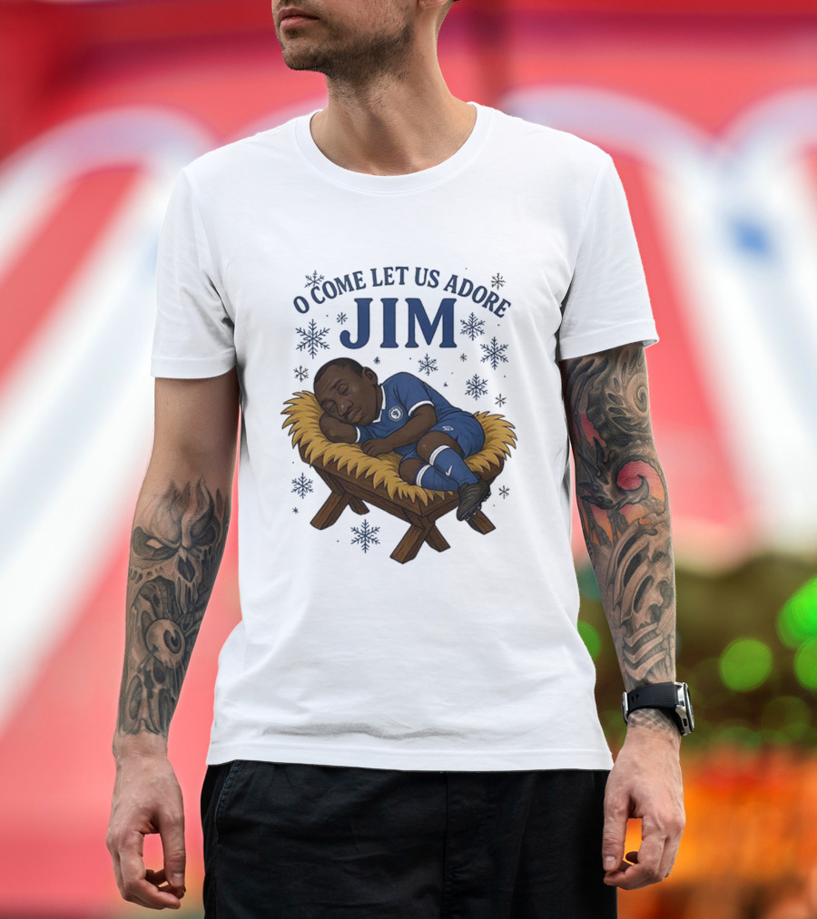 O Come Let Us Adore Jim Sleeping In Chelsea FC Christmas Manger Caricature T-Shirt