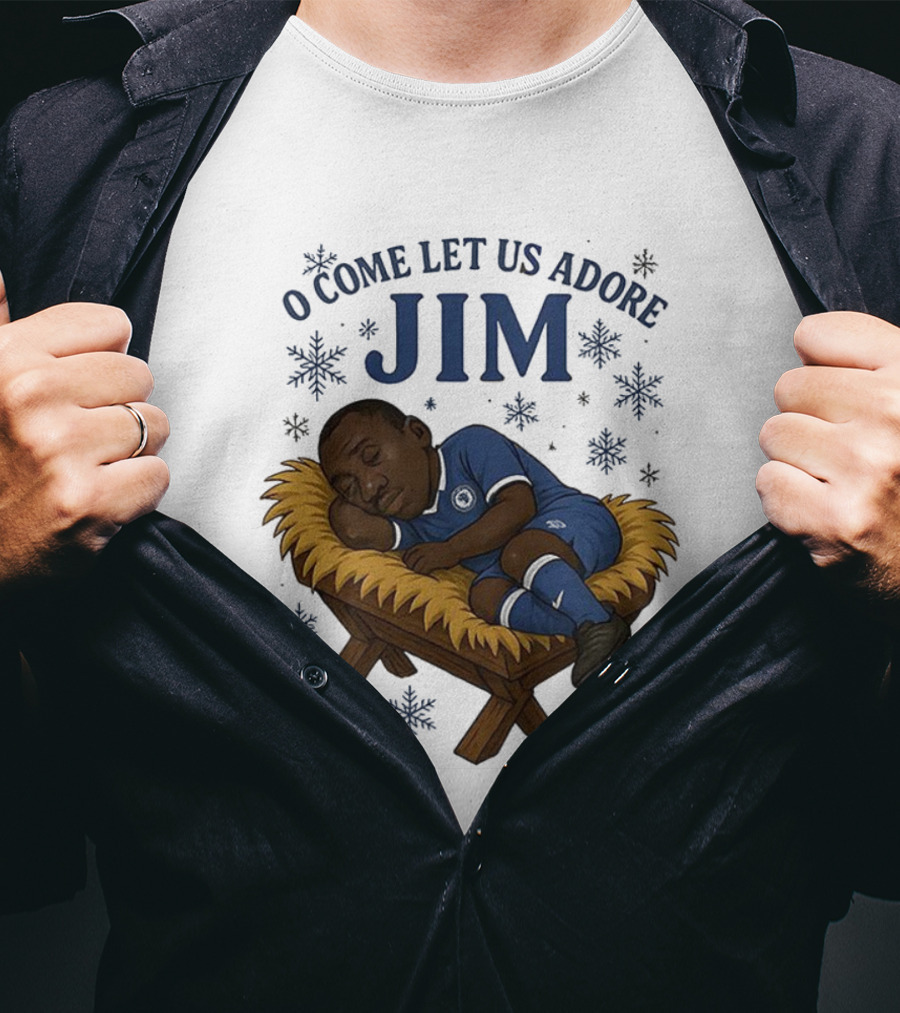 O Come Let Us Adore Jim Sleeping In Chelsea FC Christmas Manger Caricature T-Shirt