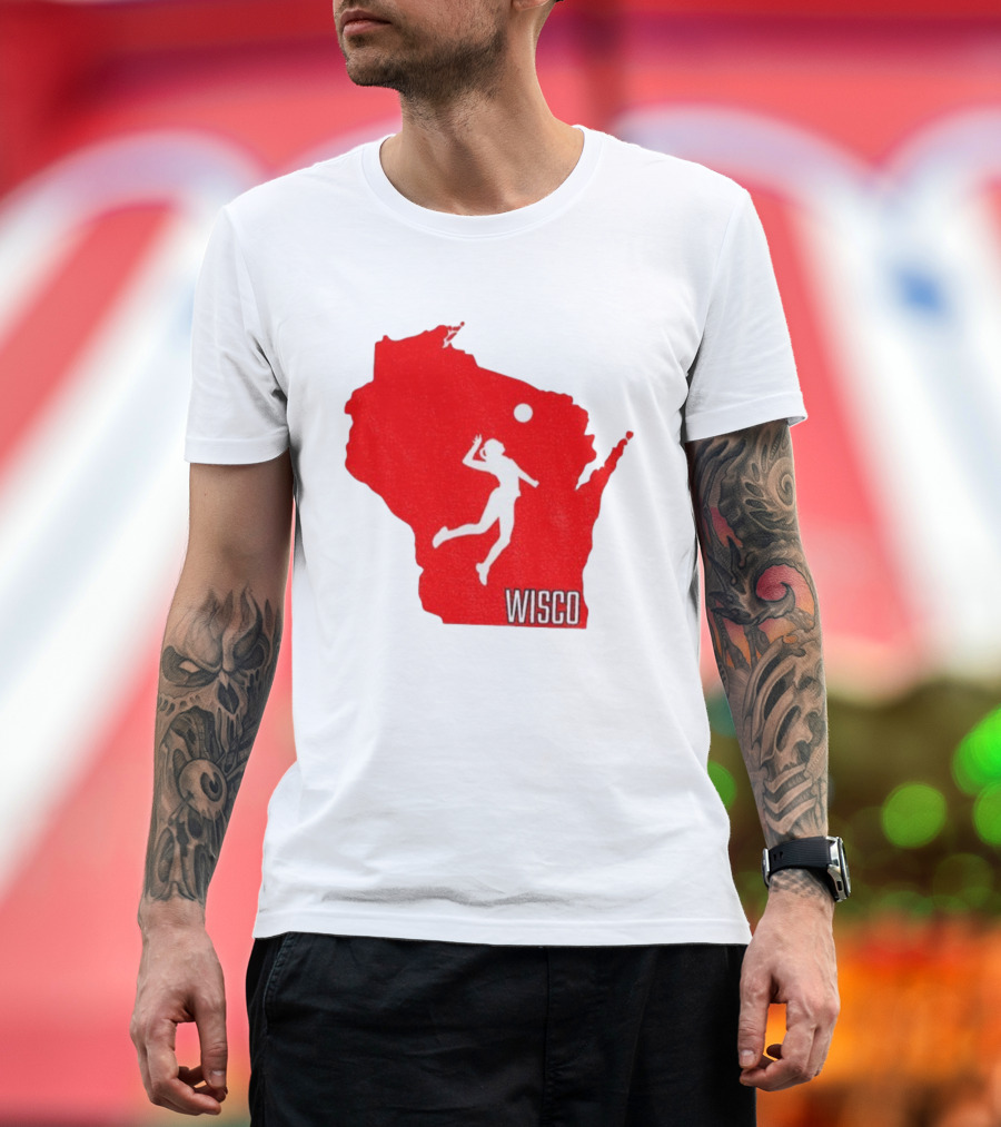 Wisconsin Badgers Volleyball Wisco Map Athlete Silhouette T-Shirt