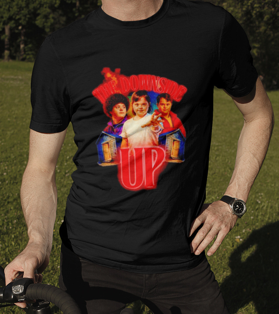 The Downside Up Stranger Things Meme Parody With Character Trio And Cabins T-Shirt