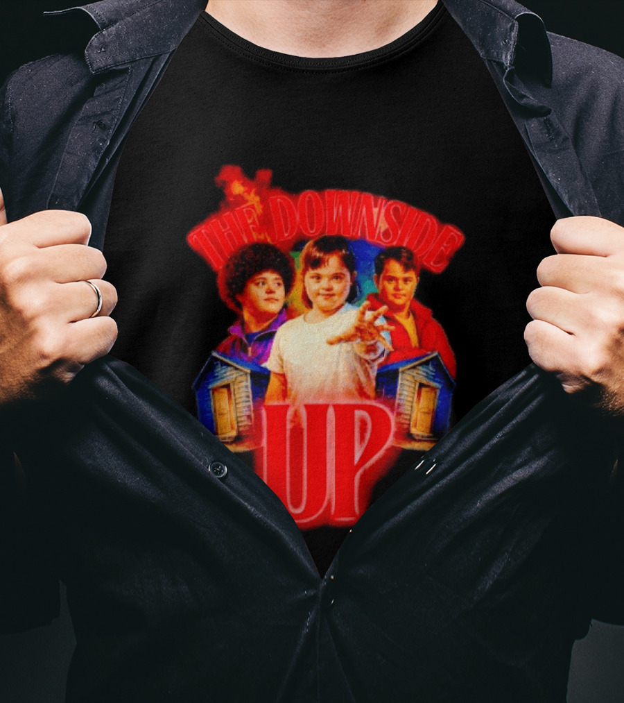 The Downside Up Stranger Things Meme Parody With Character Trio And Cabins T-Shirt