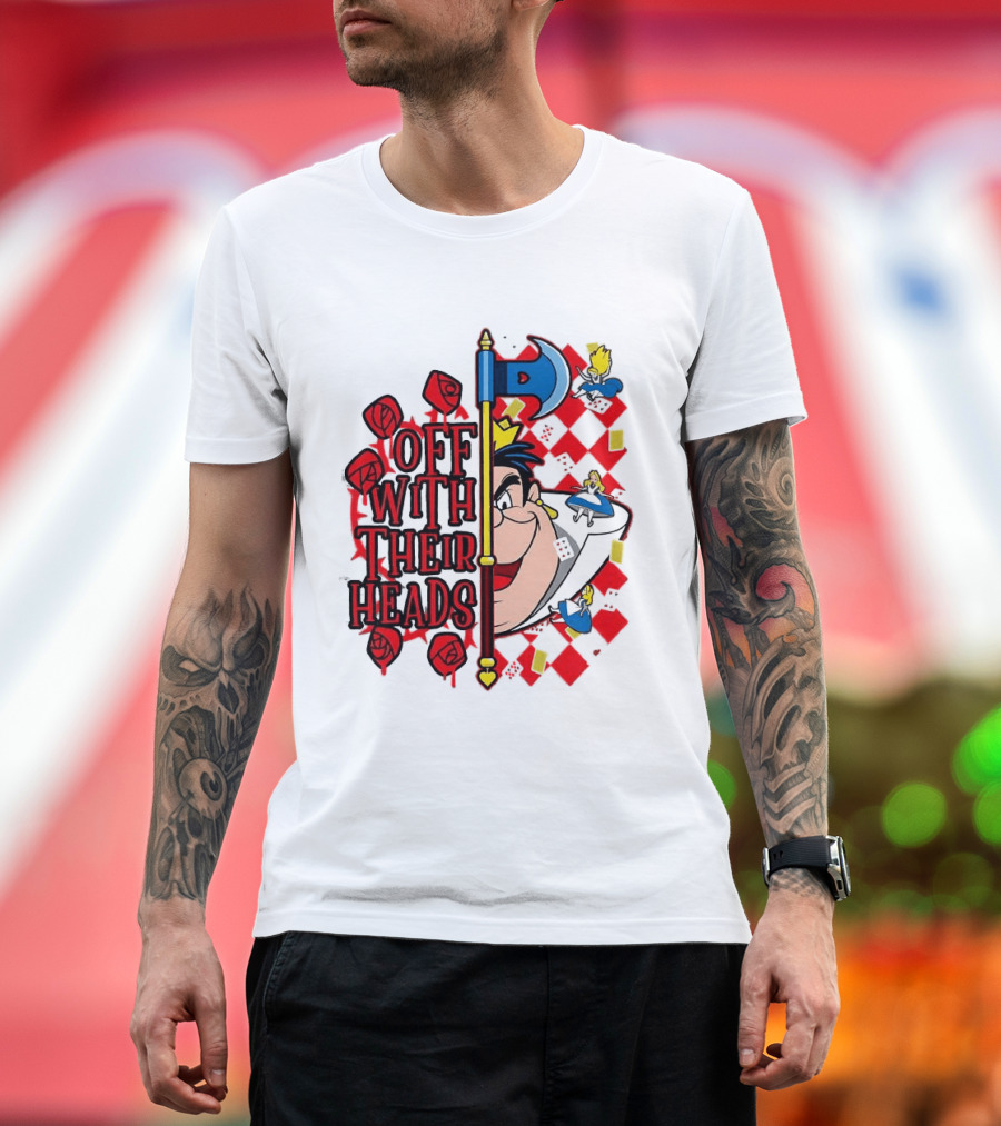 Off With Their Heads Queen Hearts Alice In Wonderland Axe Chessboard Cartoon T-Shirt