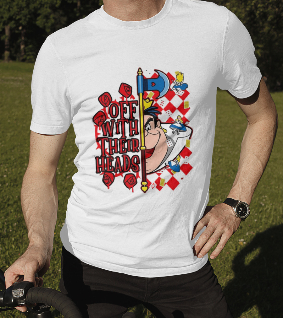 Off With Their Heads Queen Hearts Alice In Wonderland Axe Chessboard Cartoon T-Shirt