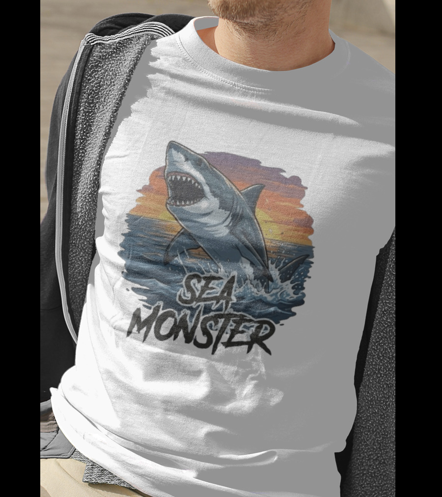 Rawwfishing Sea Monster Shark Sunset Ocean Scene T-Shirt