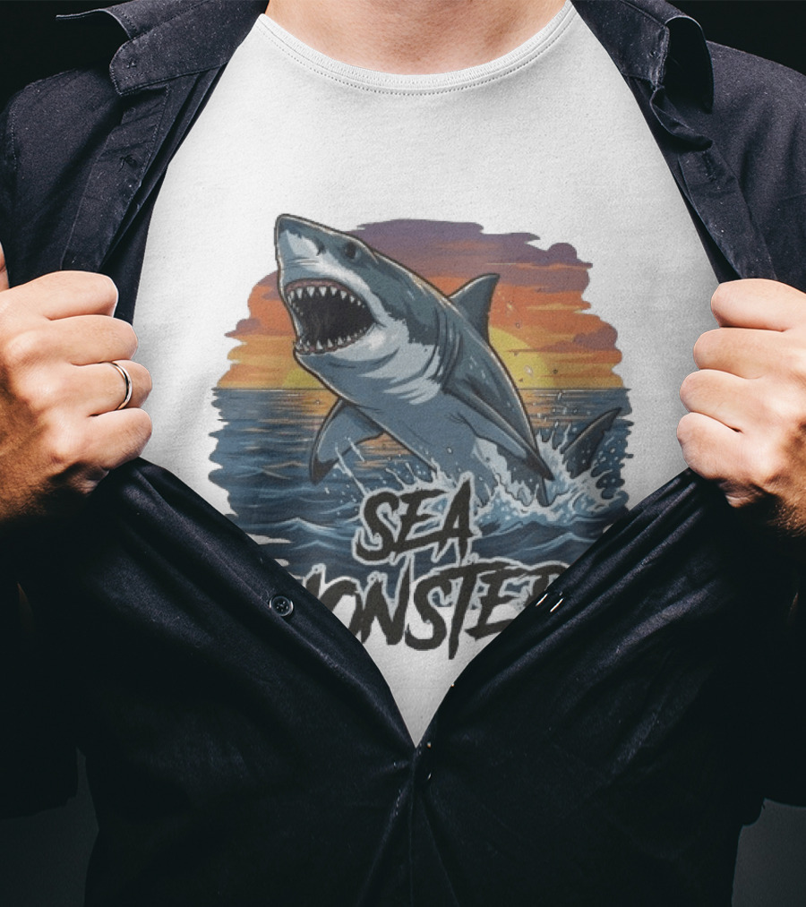 Rawwfishing Sea Monster Shark Sunset Ocean Scene T-Shirt