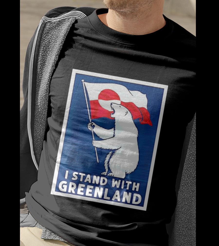 I Stand With Greenland Polar Bear Holding Flag Solidarity Banner T-Shirt