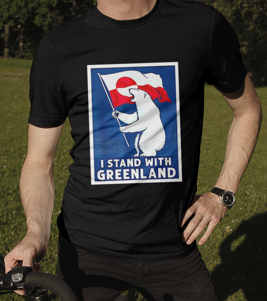 I Stand With Greenland Polar Bear Holding Flag Solidarity Banner T-Shirt