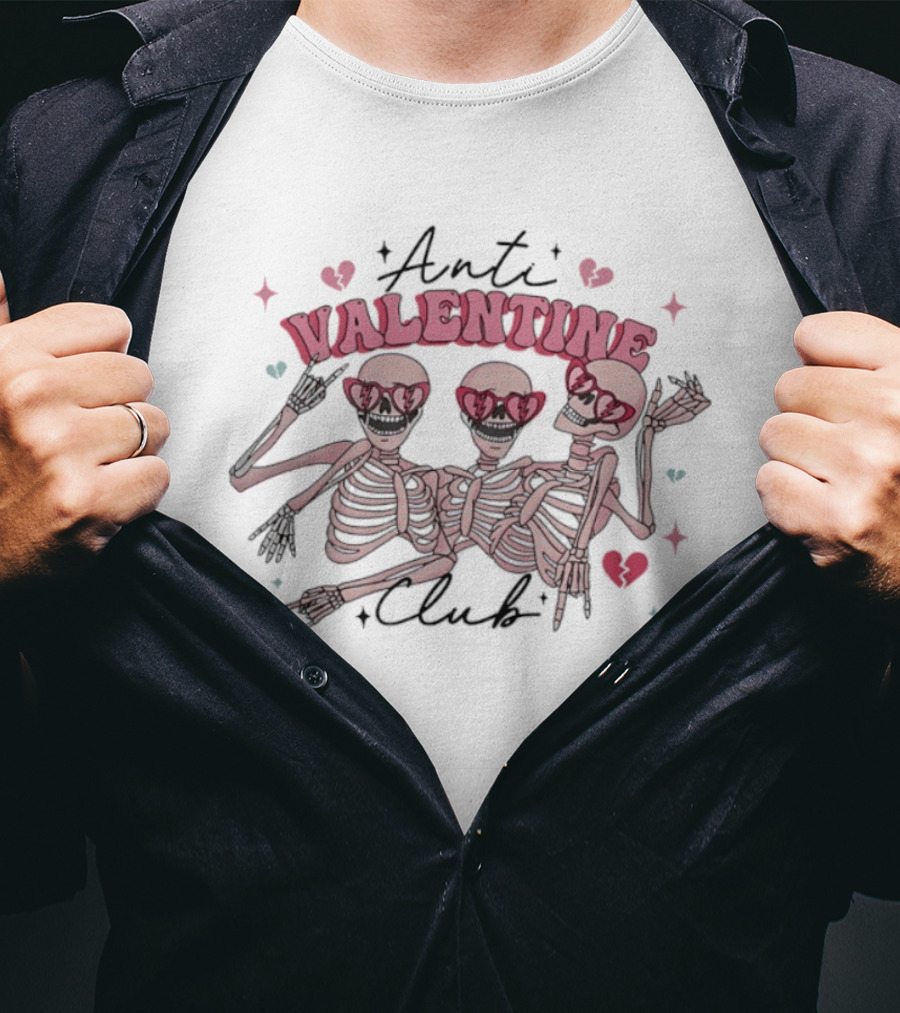 Anti Valentine Club Three Pink Skeletons Dancing Rock And Roll T-Shirt