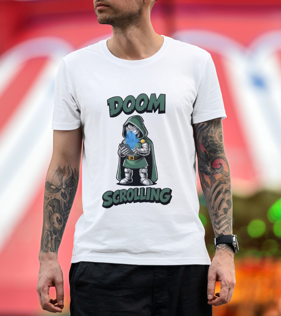 Doom Scrolling Dr Doom Comic Character With Phone T-Shirt
