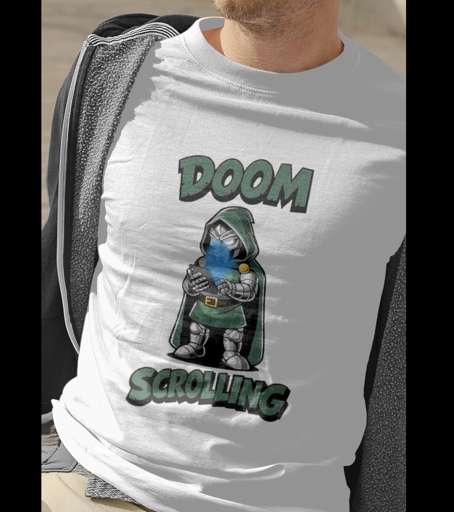Doom Scrolling Dr Doom Comic Character With Phone T-Shirt