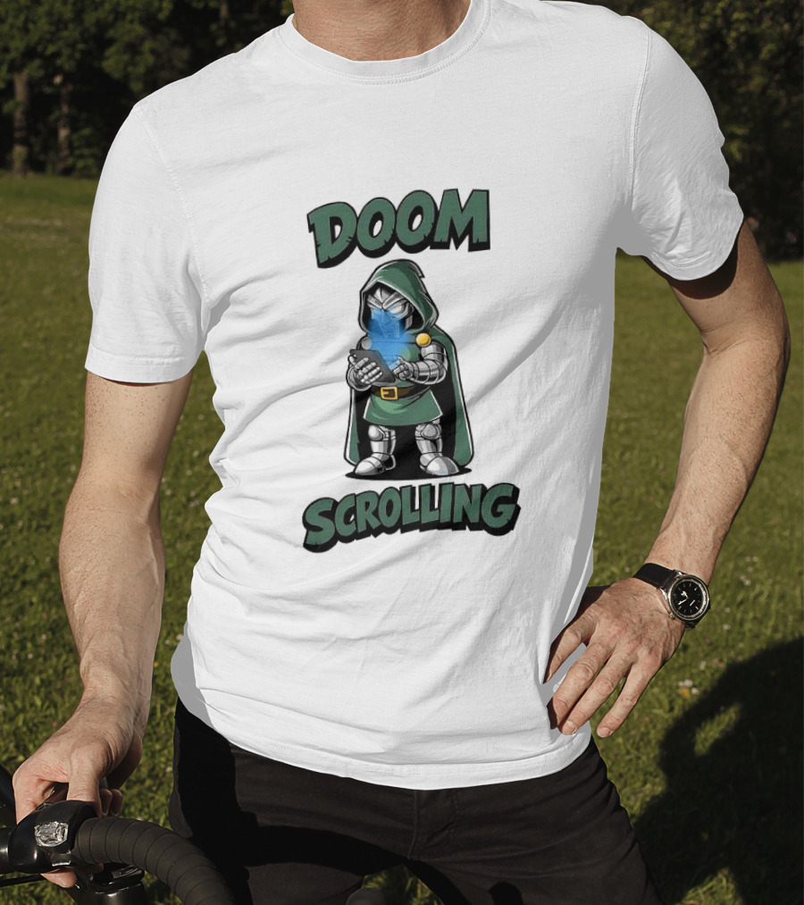 Doom Scrolling Dr Doom Comic Character With Phone T-Shirt