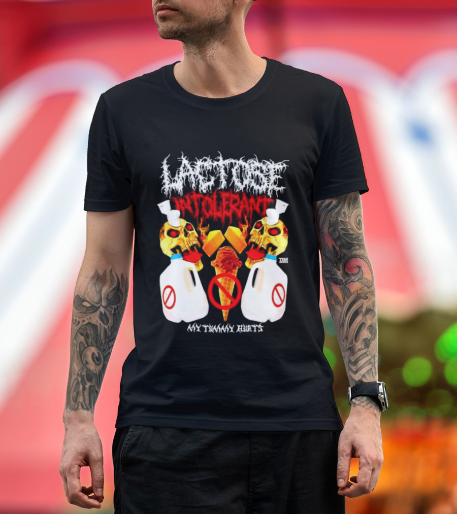 Lactose Intolerant Skulls Milk Jugs No Ice Cream My Tummy Hurts T-Shirt