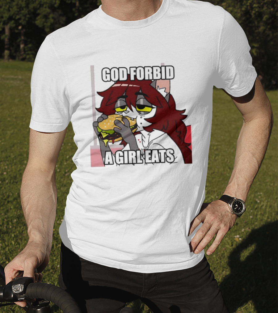 God Forbid A Girl Eats Lazy Cartoon Character Eating Burger T-Shirt
