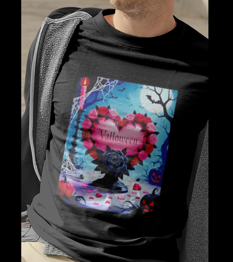 Valloween Romance And Menace Heart Rose Candle Moonlit Halloween T-Shirt