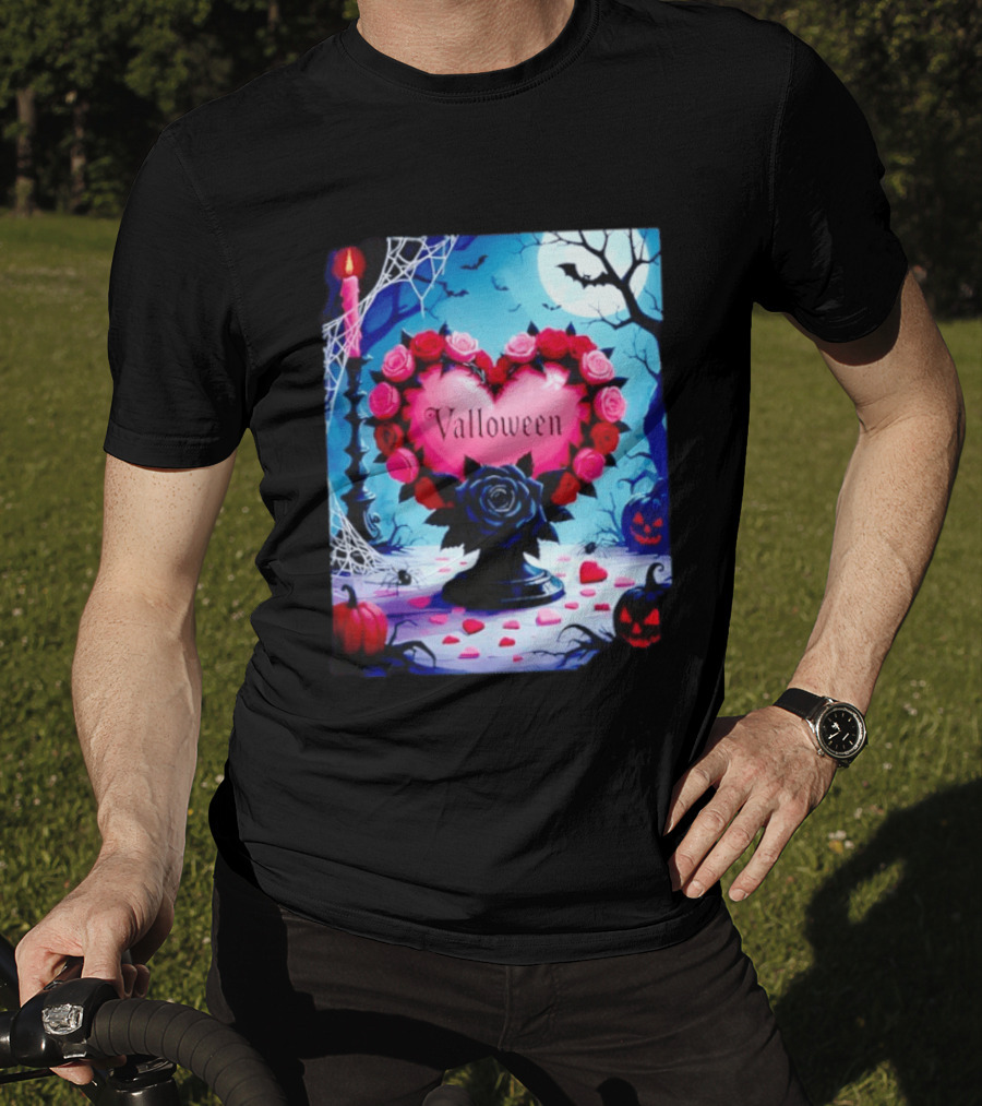Valloween Romance And Menace Heart Rose Candle Moonlit Halloween T-Shirt