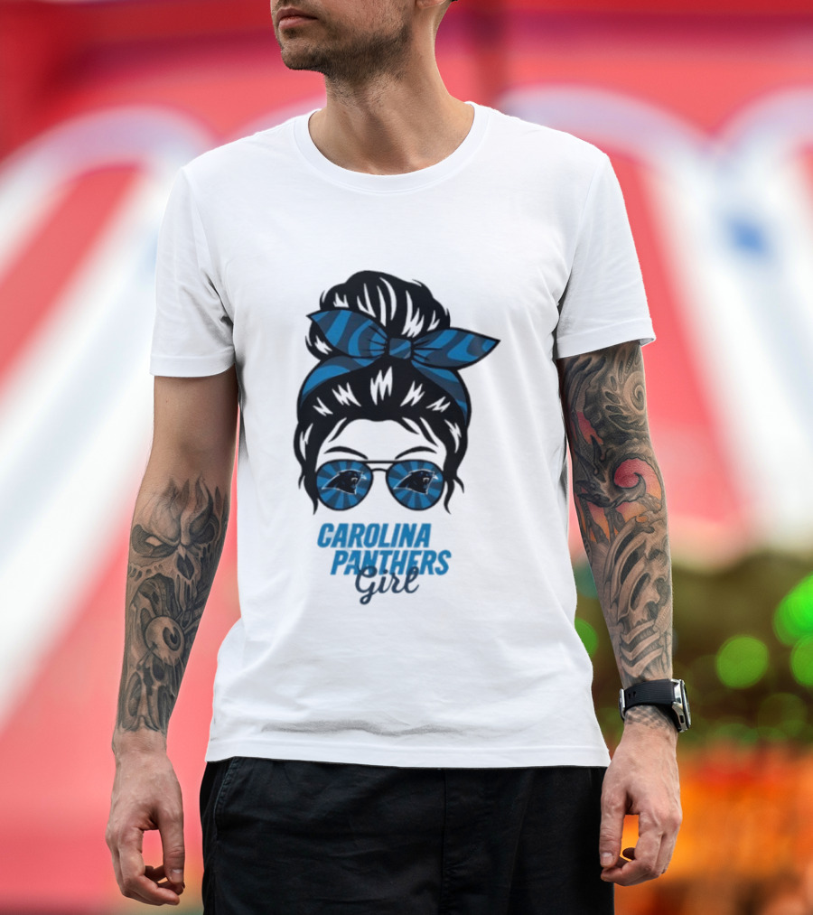 Carolina Panthers Girl Messy Bun Glasses Blue Bow Fan T-Shirt