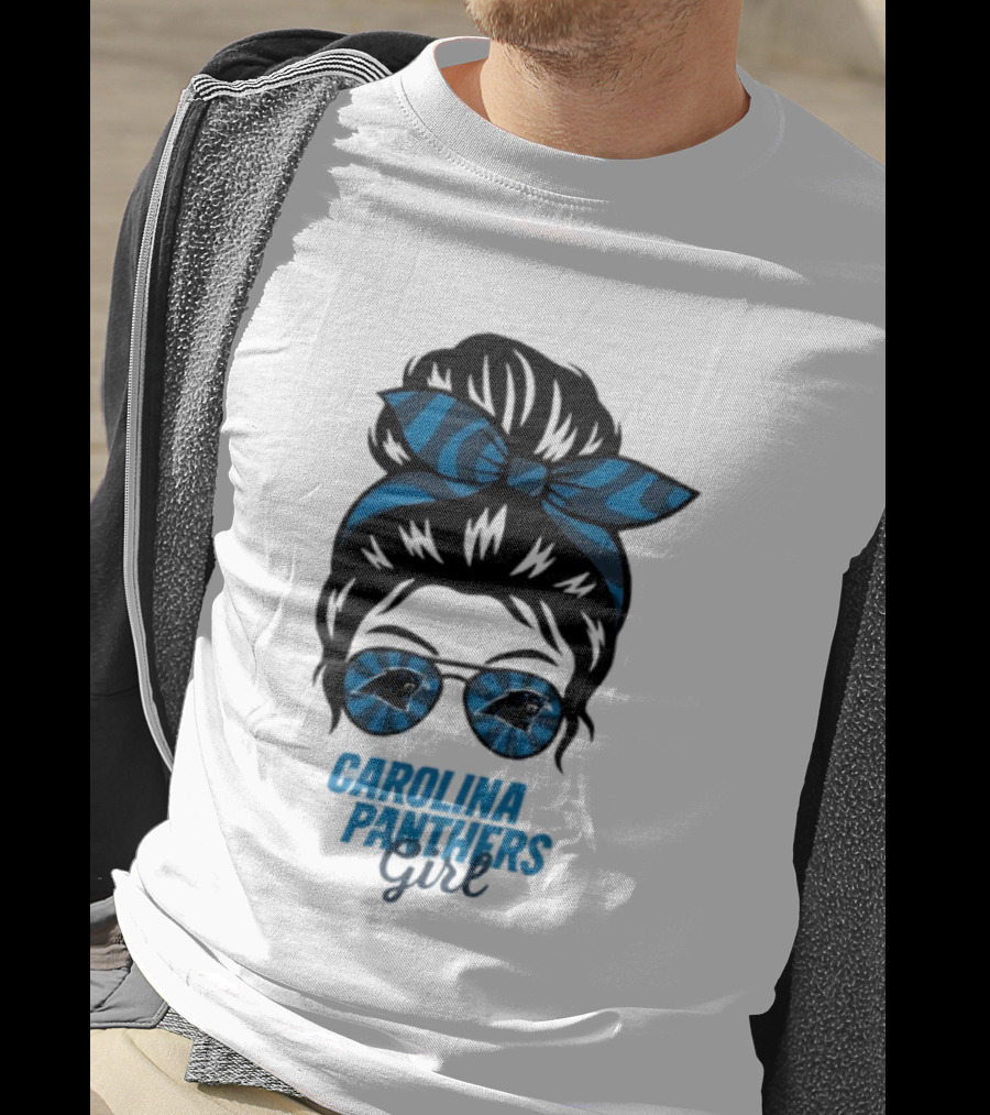 Carolina Panthers Girl Messy Bun Glasses Blue Bow Fan T-Shirt