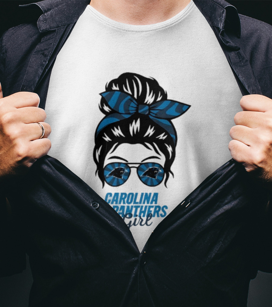 Carolina Panthers Girl Messy Bun Glasses Blue Bow Fan T-Shirt
