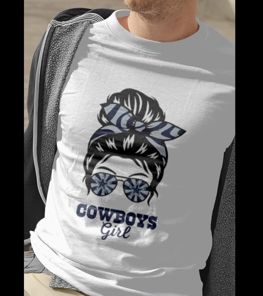 Dallas Cowboys Girl Messy Bun With Glasses And Star T-Shirt