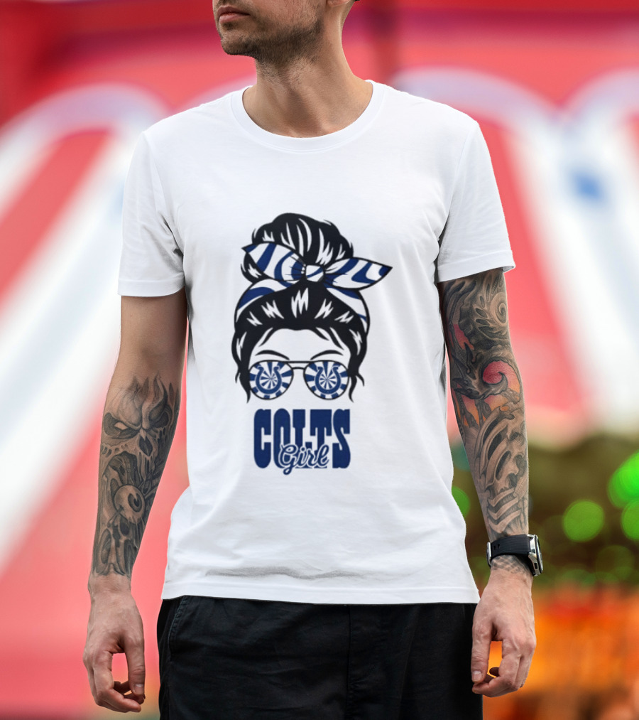 Indianapolis Colts Fan Messy Bun Glasses T-Shirt