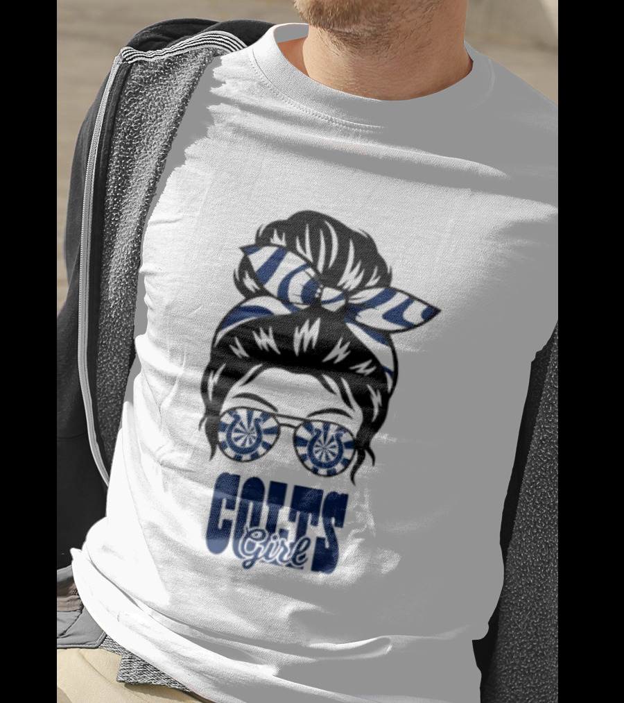 Indianapolis Colts Fan Messy Bun Glasses T-Shirt