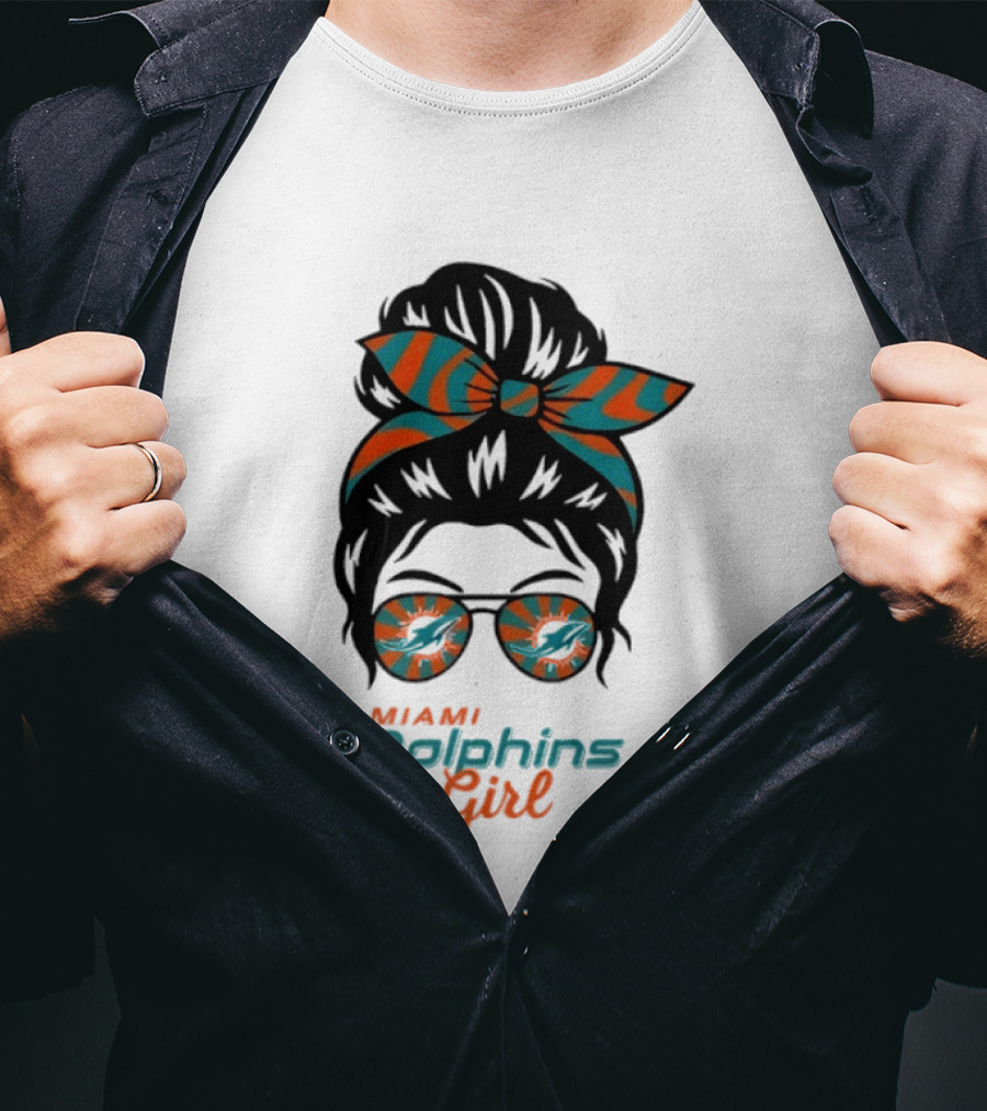 Miami Dolphins Girl Messy Bun Glasses Bow Fan Merchandise T-Shirt