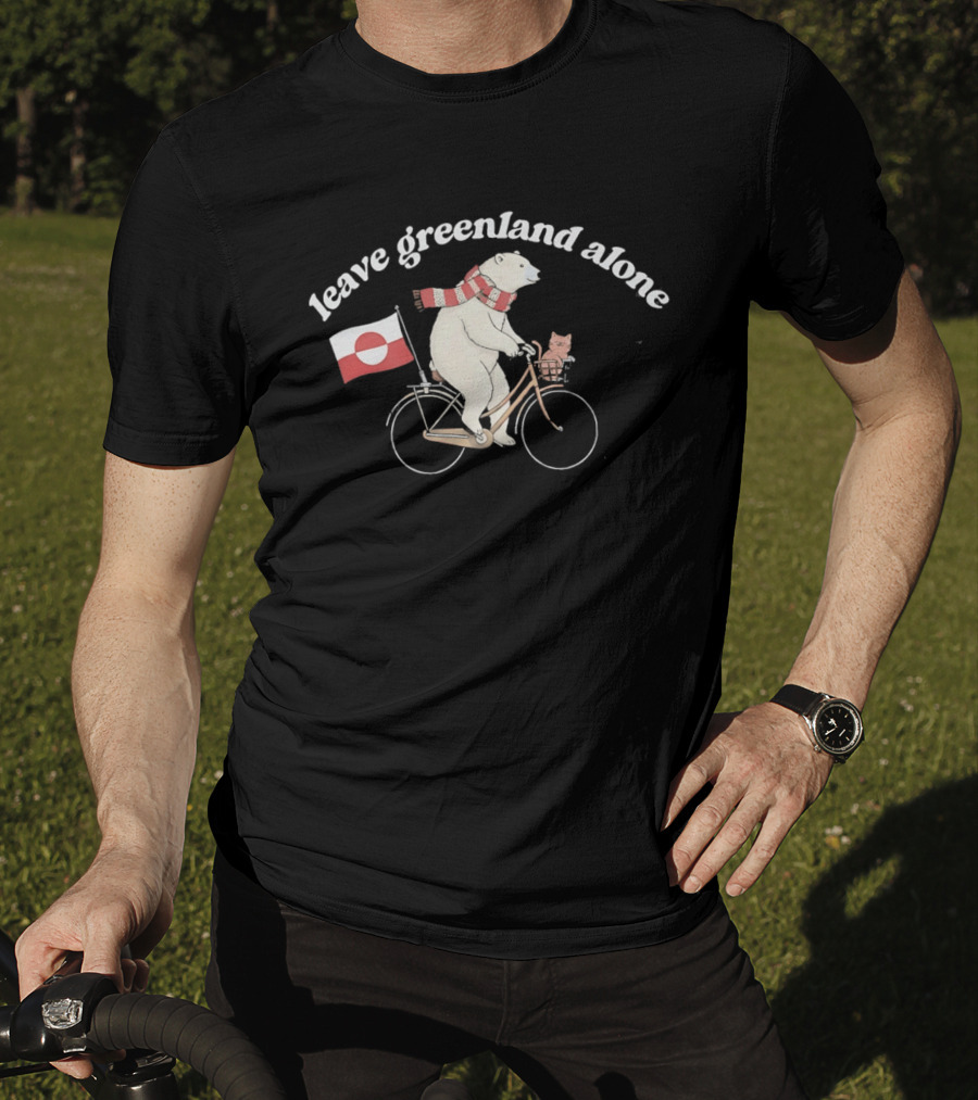 Leave Greenland Alone Bear On Bicycle With Greenland Flag And Scarf T-Shirt