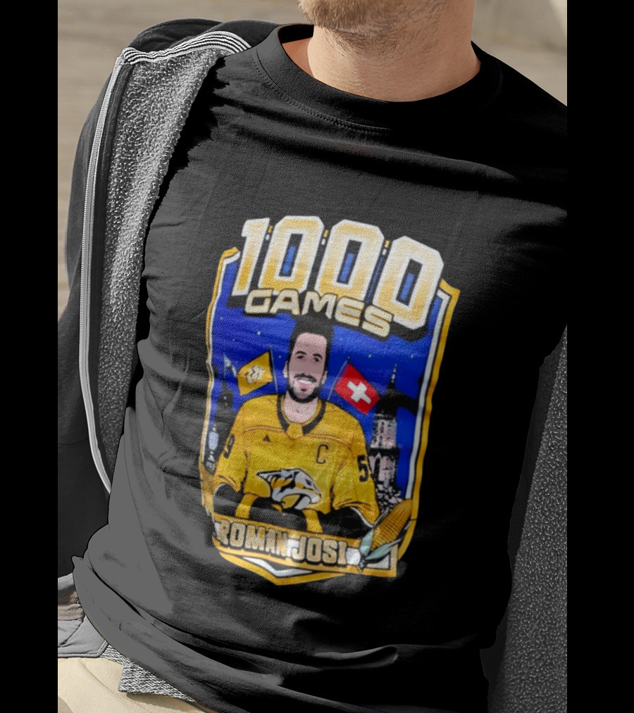 Nashville Predators Roman Josi 1000 Games Celebration NHL Captain Swiss Flag T-Shirt