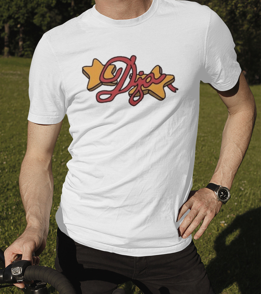 Djo Star Yellow Stars Red Script Font T-Shirt