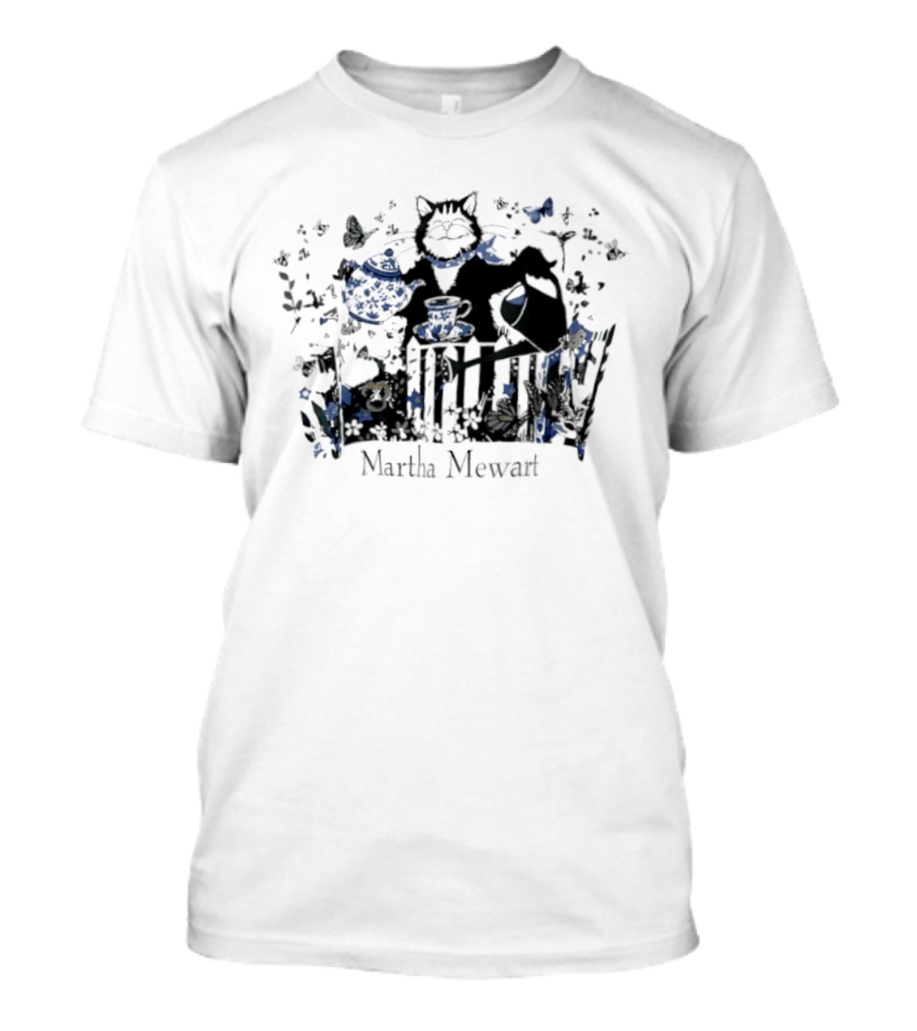 Martha Mewart Cat Gardening Teapot Watering Can Butterfly Flowers T-Shirt