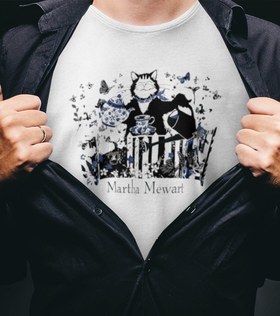 Martha Mewart Cat Gardening Teapot Watering Can Butterfly Flowers T-Shirt
