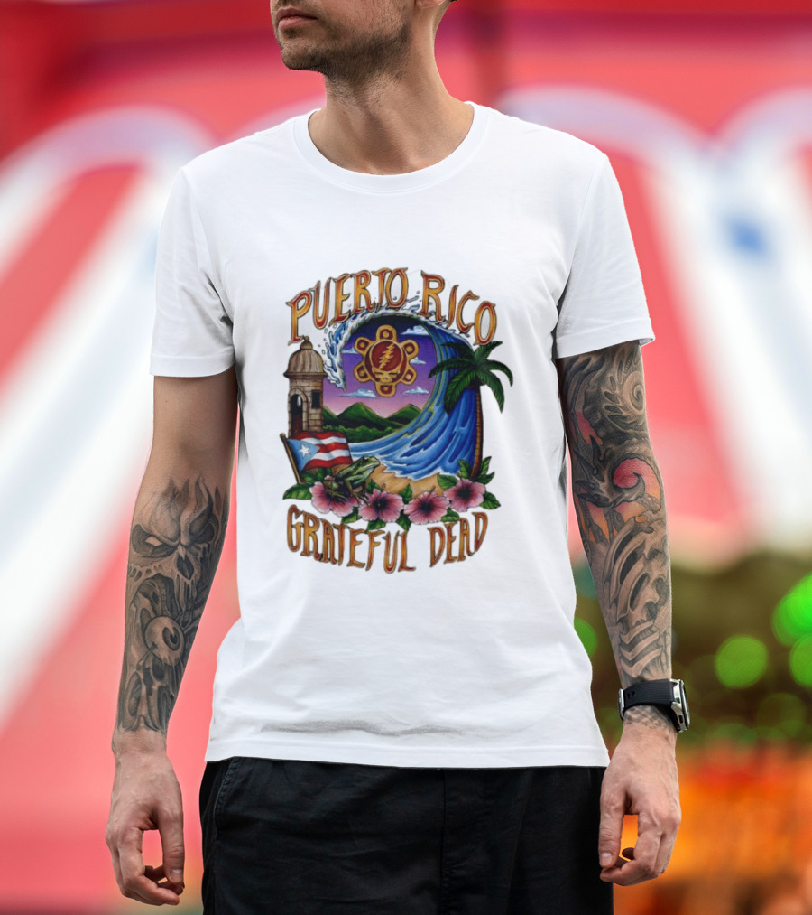 Puerto Rico Grateful Dead Tropical Wave With Hibiscus And Flag T-Shirt