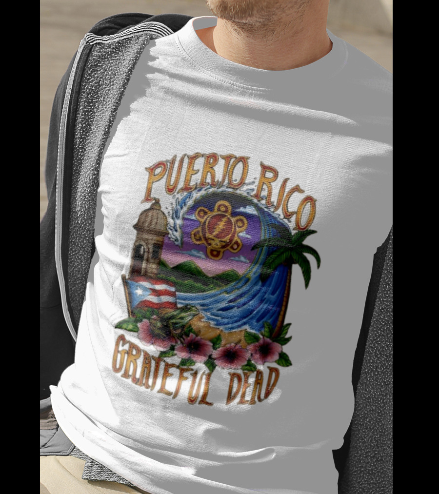 Puerto Rico Grateful Dead Tropical Wave With Hibiscus And Flag T-Shirt