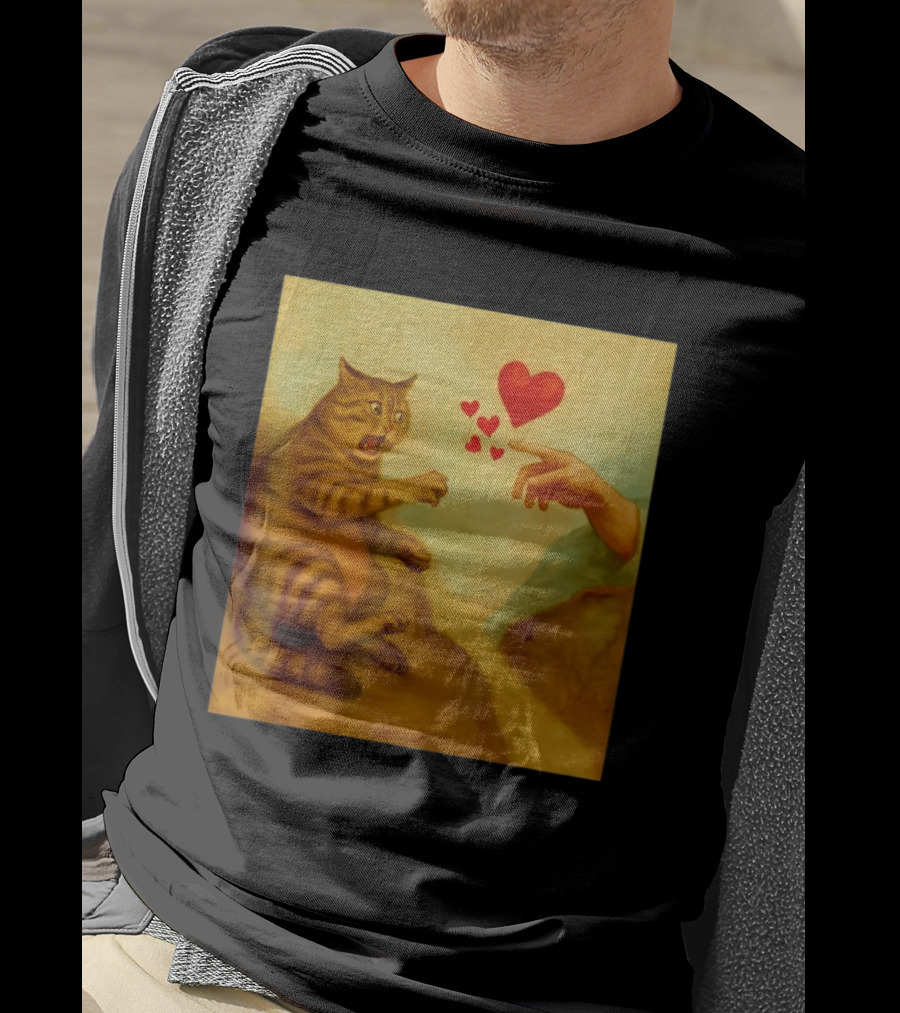 Cat Swatting God's Hand Surrounded By Hearts T-Shirt