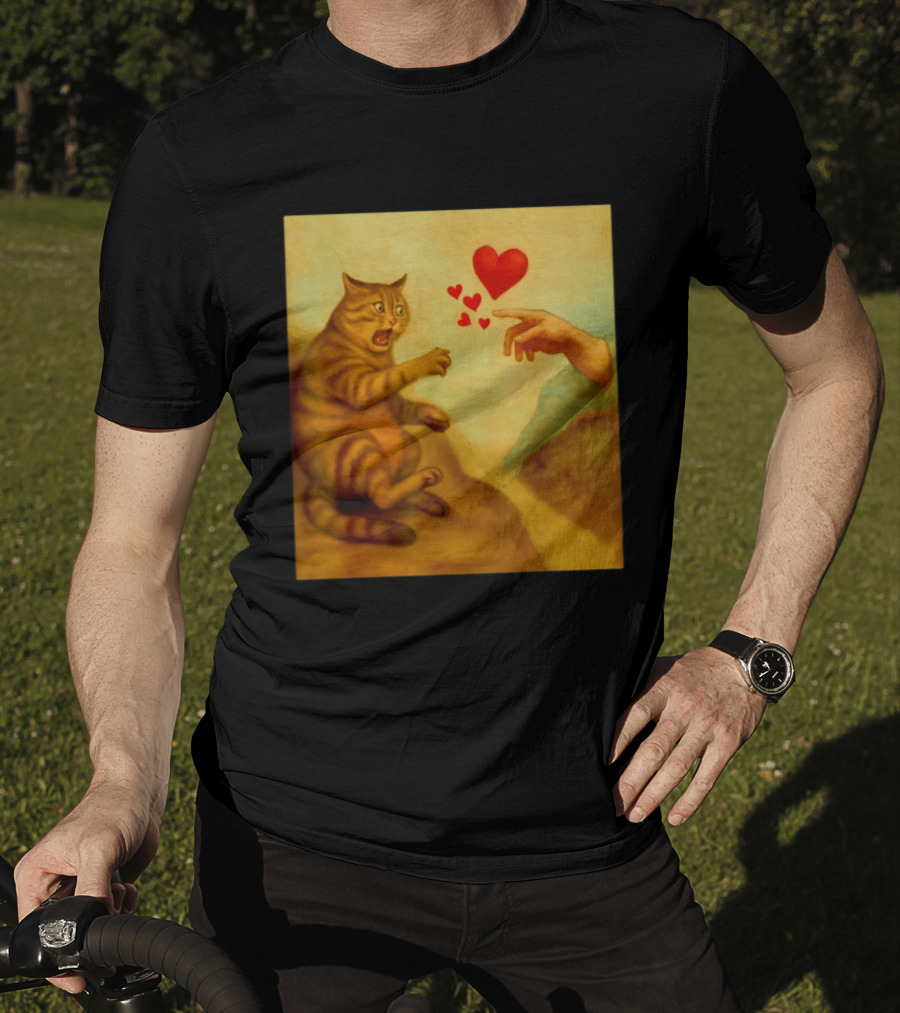 Cat Swatting God's Hand Surrounded By Hearts T-Shirt