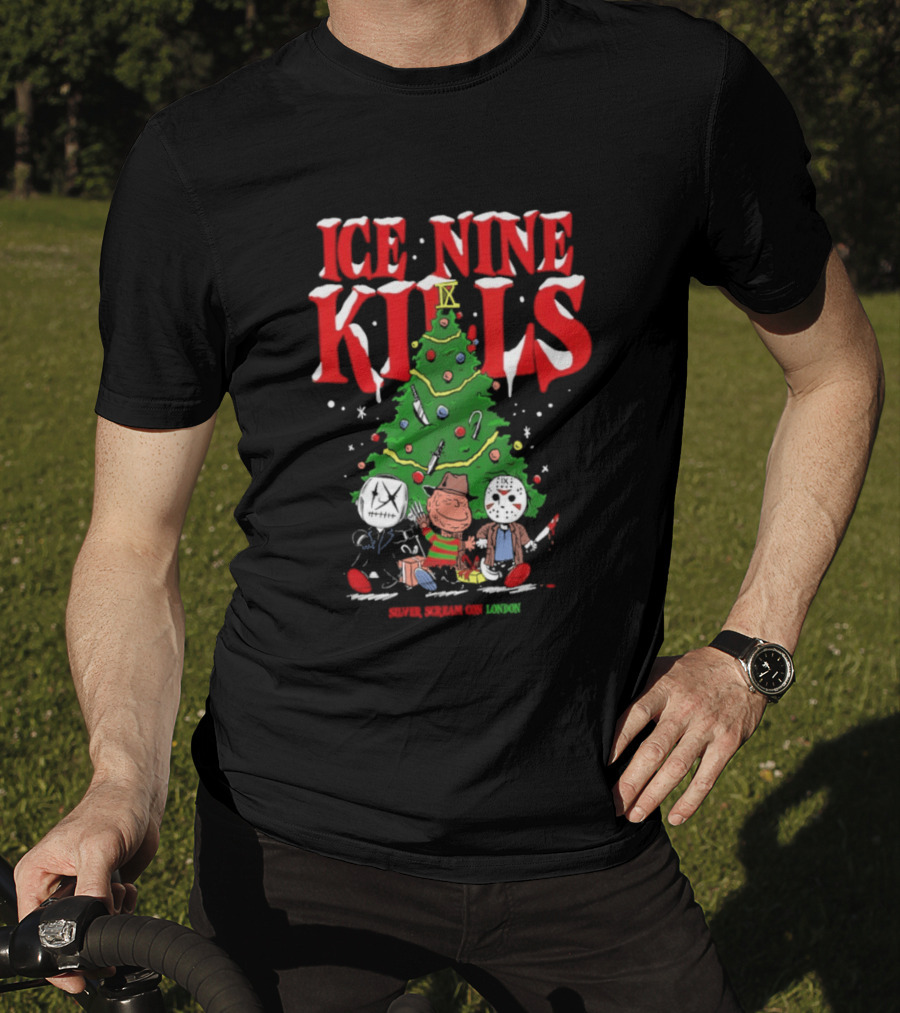Ice Nine Kills Silver Scream Con Festive Horror Villains Christmas Tree T-Shirt