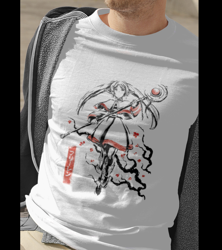 Frieren Beyond Journey's End The Eternal Mage Sumi E Style Magic Staff Blossoms T-Shirt