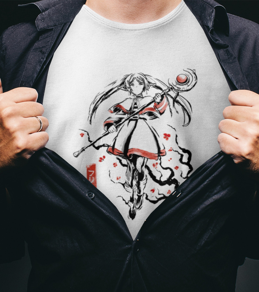 Frieren Beyond Journey's End The Eternal Mage Sumi E Style Magic Staff Blossoms T-Shirt