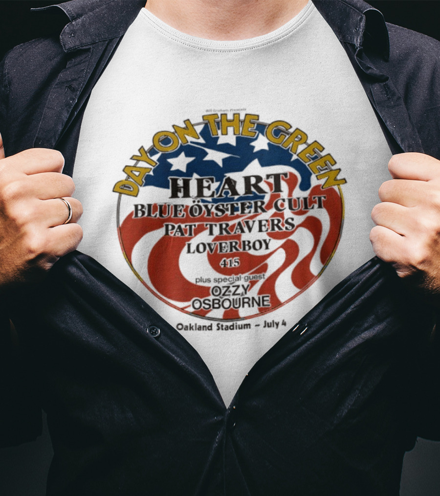 Day On The Green Heart Blue Oyster Cult Pat Travers Loverboy Ozzy Osbourne July 4th Oakland Stadium 1982 T-Shirt