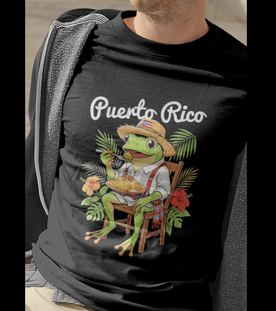 Puerto Rico Coqui Frog Eating Mofongo Taino Boricua Flag Hispanic T-Shirt