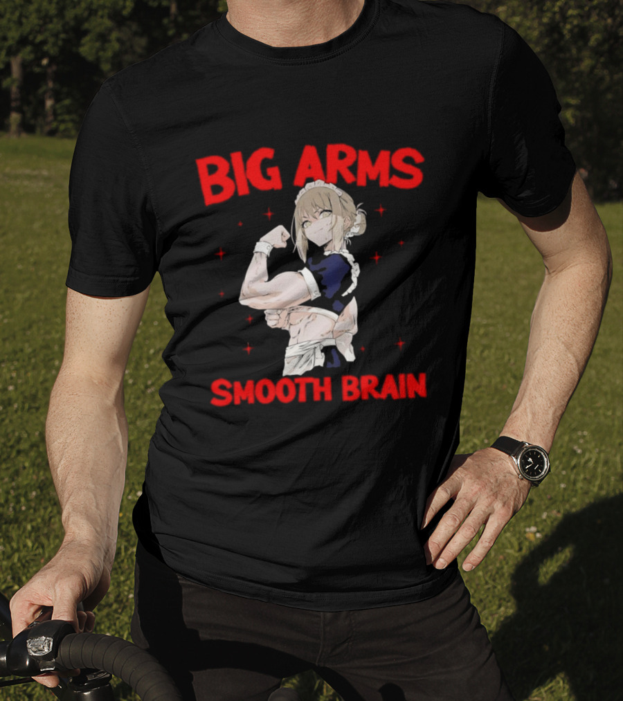 Big Arms Smooth Brain Anime Maid Flexing Strong Muscles T-Shirt