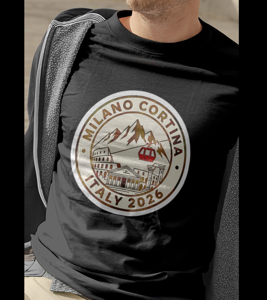 Milano Cortina Italy 2026 Winter Sports Emblem With Italian Landmarks And Mountains T-Shirt