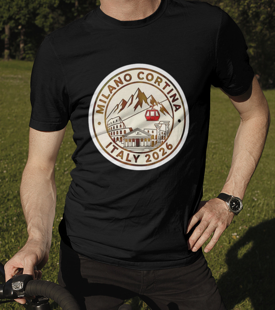 Milano Cortina Italy 2026 Winter Sports Emblem With Italian Landmarks And Mountains T-Shirt