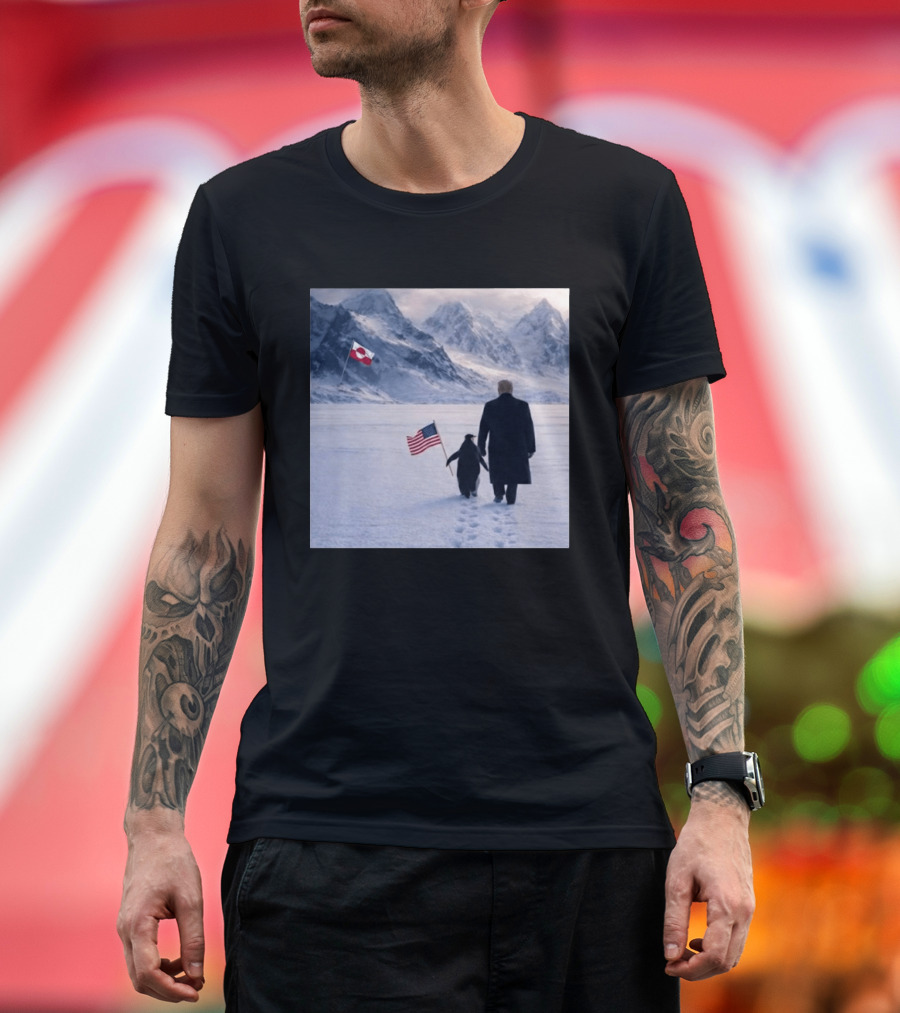 Nihilist Penguin Walking With Trump Antarctica American Flag Greenland Flag T-Shirt
