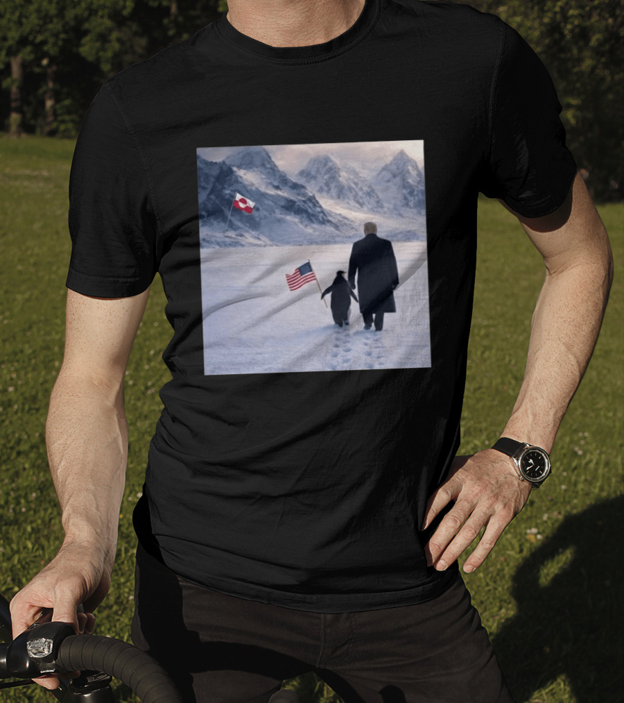 Nihilist Penguin Walking With Trump Antarctica American Flag Greenland Flag T-Shirt