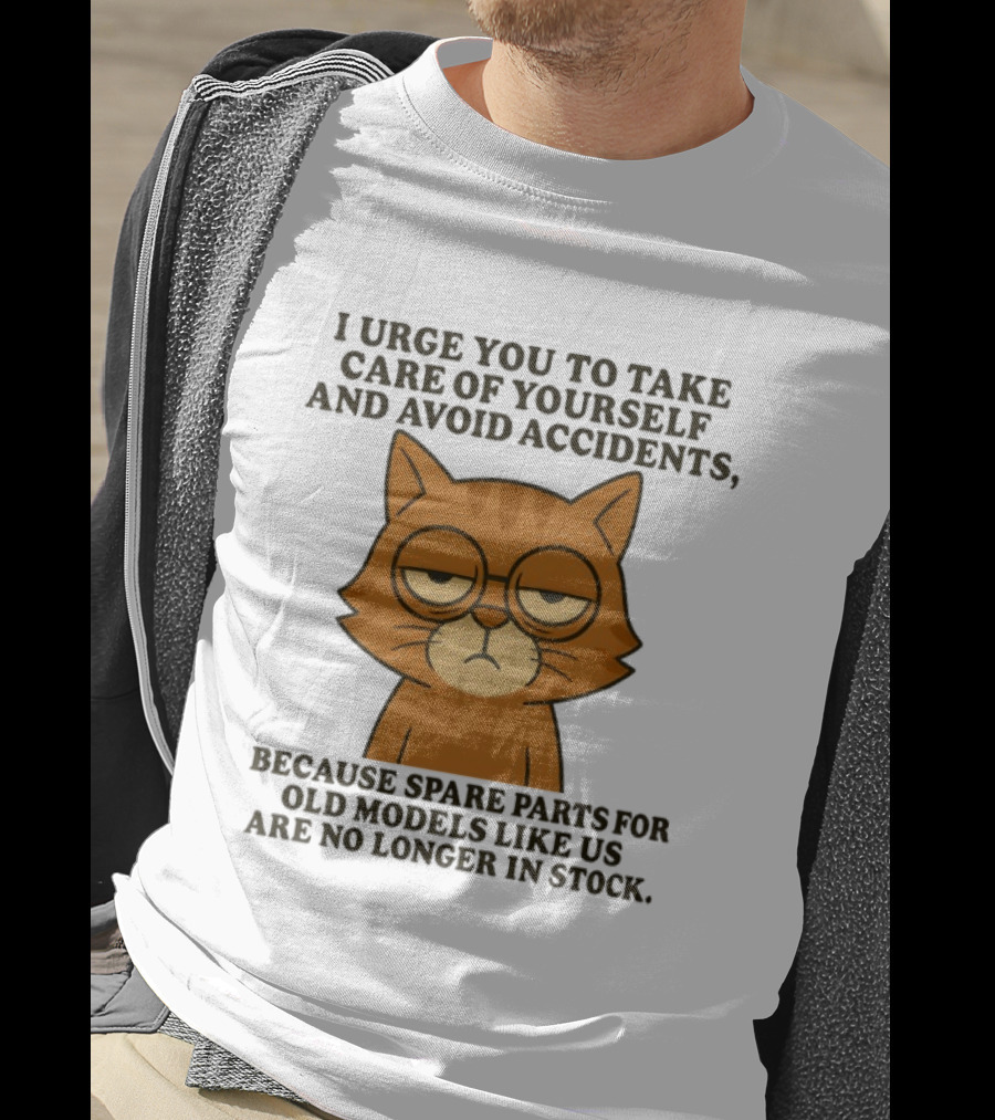 Sad Orange Cat I Urge You To Take Care Of Yourself And Avoid Accidents Spare Parts For Old Models No Longer In Stock T-Shirt