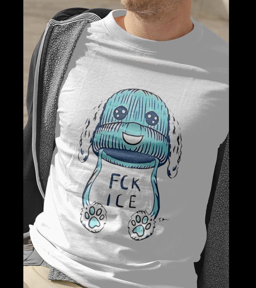 FCK ICE Blue Winter Hat Cartoon With Paw Prints T-Shirt