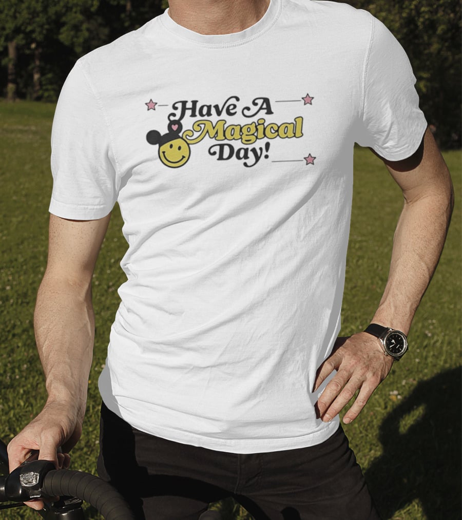 Have A Magical Day Smiley Face With Mouse Ears And Pink Stars T-Shirt