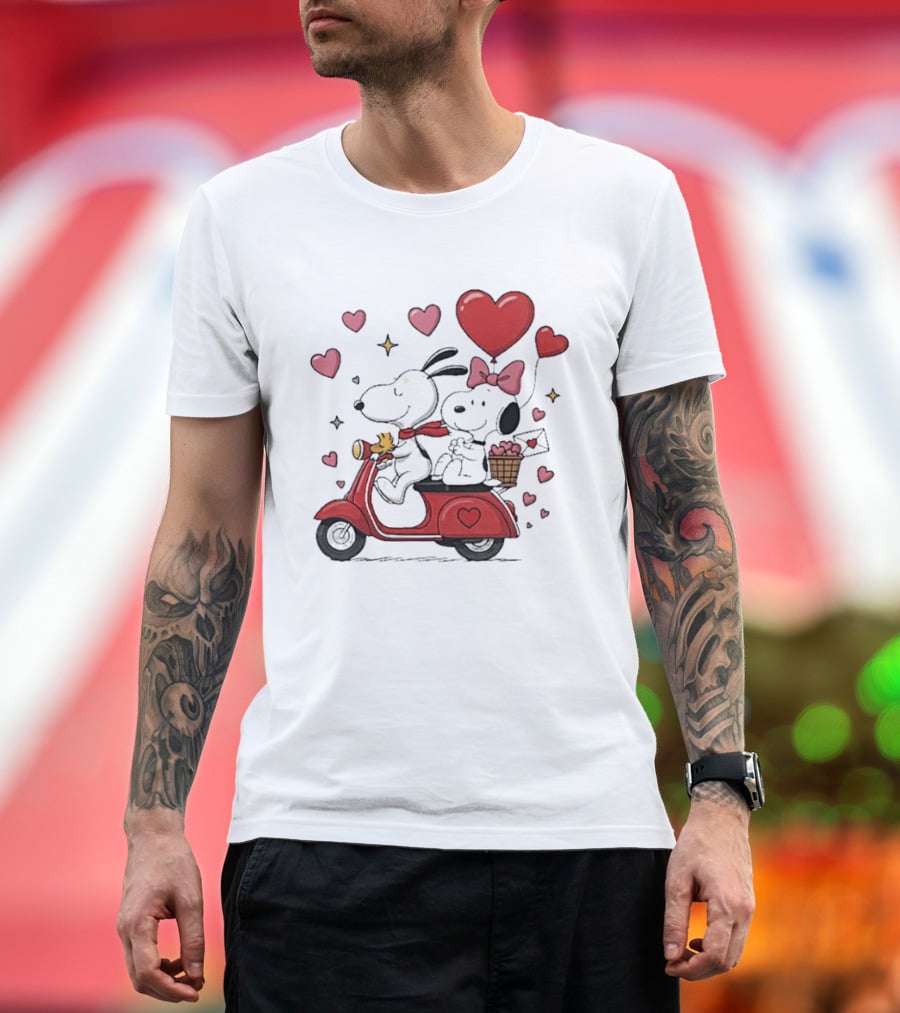 Valentines Day Snoopy Couple Riding Scooter With Hearts And Balloons T-Shirt